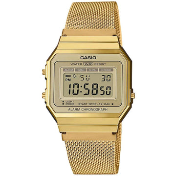 Ρολόι Casio Vintage A-700WEMG-9AEF με χρυσό ατσάλινο μπρασελέ και χρυσό καντράν σε τετράγωνο σχήμα με ψηφιακή ένδειξη.